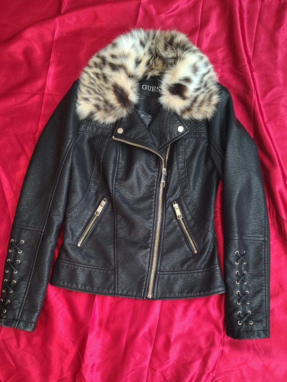 GUESS Black Faux Leather Jacket with Leopard Faux Fur Collar